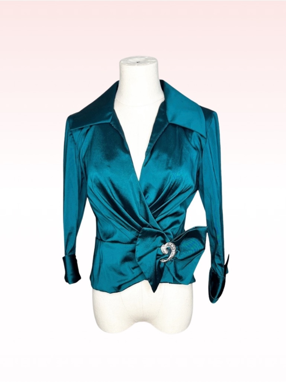 JS Collections Teal Satin Wrap Embellished Blouse (Sz S)